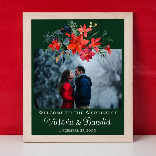 Poster Foto de Casamento de Natal Verde Poinsettia Floral (Criador carregado)