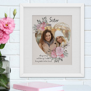 Poster Foto de Irmã Moldura Floral Cor-de-Rosa em Coração