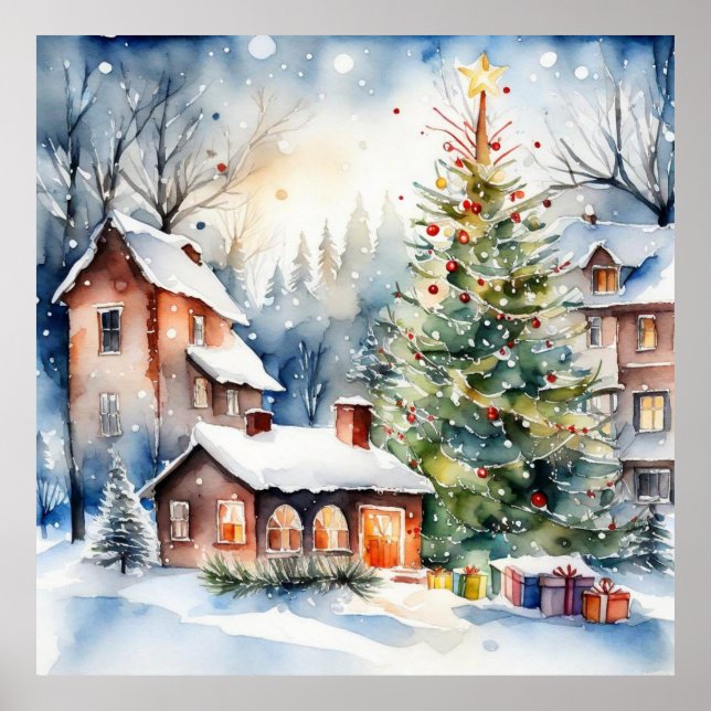Poster Foto de neve da vila de Natal (Frente)
