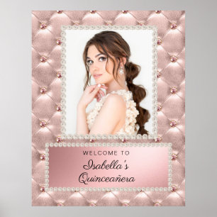 Poster Foto de Quinceañera com Pérolas Brancas e Dourado