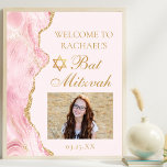 Poster Foto do Partido Chic Dourado Agate Bat Mitzvah<br><div class="desc">O cor-de-rosa-chic e o ouro enfeitam o lado deste elegante poster de boas-vindas do Bat Mitzvah. O nome de sua filha está escrito em um belo roteiro formal com a Estrela de David acima de sua foto de aniversário. Perfeito para uma família judaica na moda, moderna, celebrando sua garota sendo...</div>