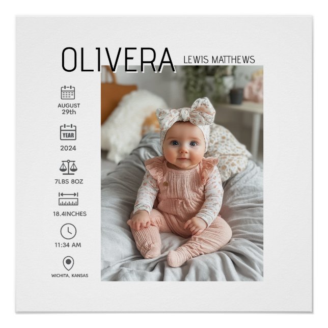 Pôster Foto e estatísticas do bebê (Frente)