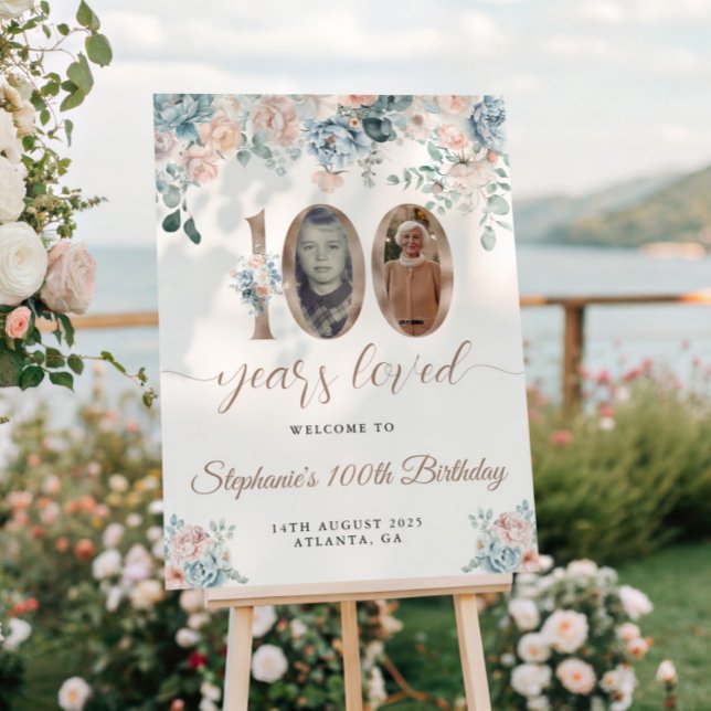 Pôster Foto Floral Azul e Rosa 100º Aniversário Boas-vind (Criador carregado)