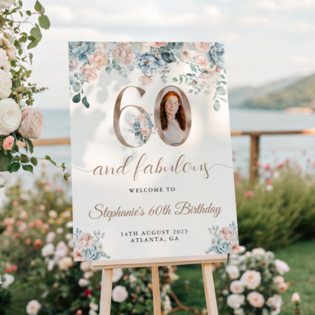 Pôster Foto Floral Azul e Rosa 60º Aniversário Bem-vindo (Criador carregado)