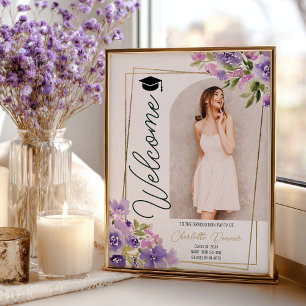 Poster Foto Floral Boho roxo dourado script formatura