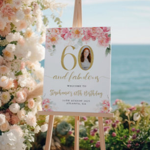 Pôster Foto Floral Rosa E Dourada 60º Aniversário Bem-vin