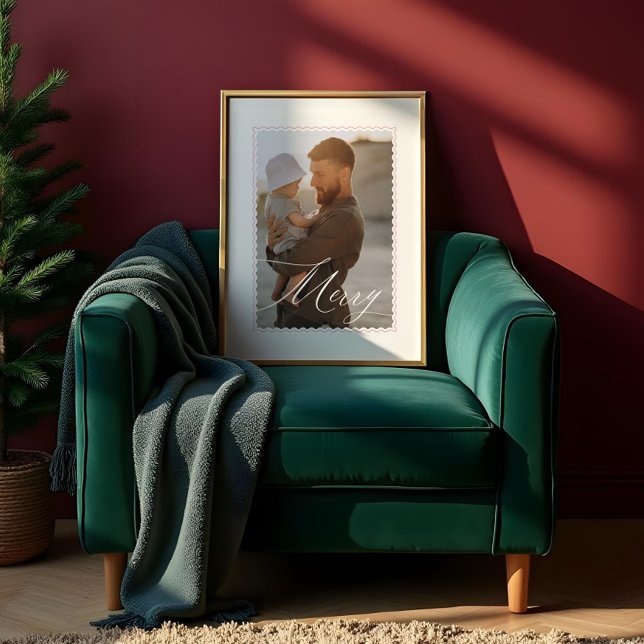 Poster Foto personalizada de script de Feliz de quadro de (Minimal Retro Wavy Frame Merry Script Custom Photo Poster)