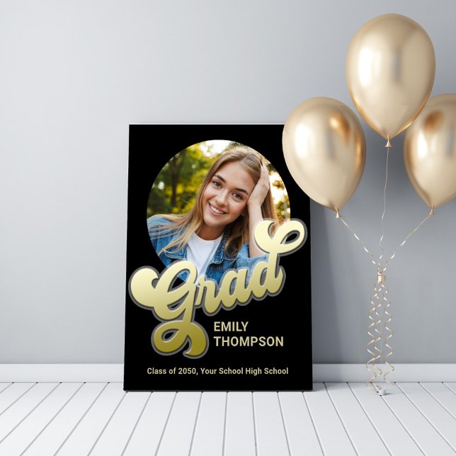 Poster Foto personalizada Dourada na parte traseira da fe (Graduation party photo poster with gold retro style calligraphy)