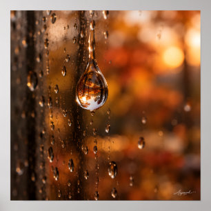 Poster Fotografia de Gota de Chuva na Janela com Bokeh de
