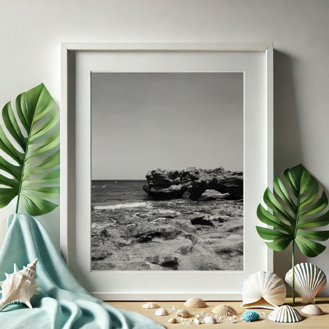 Pôster Fotografia de viagem Florida Beach (Black and white Florida travel photography poster of Blowing Rocks Coral Cove Beach Jupiter Florida)