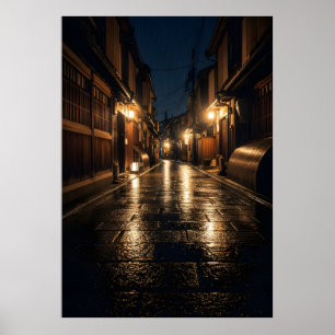 Poster Fotografia Noturna de Beco Japonês sob Chuva em Ky