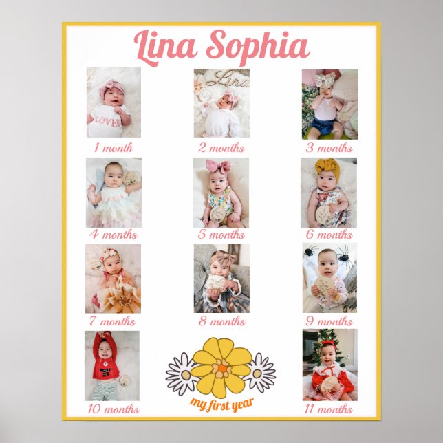 Poster Fotos Mensais Florais De Primeiro Ano (Frente)