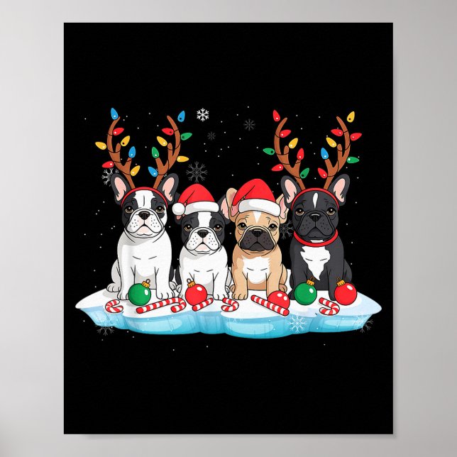 Poster Four French Bulldog Dogs Christmas Light Reindeer  (Frente)
