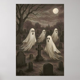 Poster Four Ghosts Under the Full Moon in the Graveyard