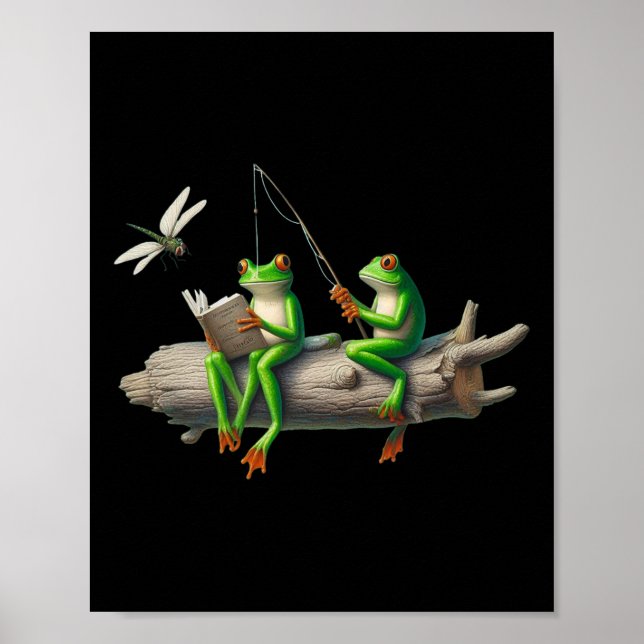 Poster Four Legs Frog On A Log Frog Fishing Dragonfly Rea (Frente)