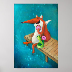 Poster Fox amigável e galinha que comem rosquinhas