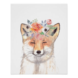 Pôster Fox aquarela Laranja Floresta Marrom