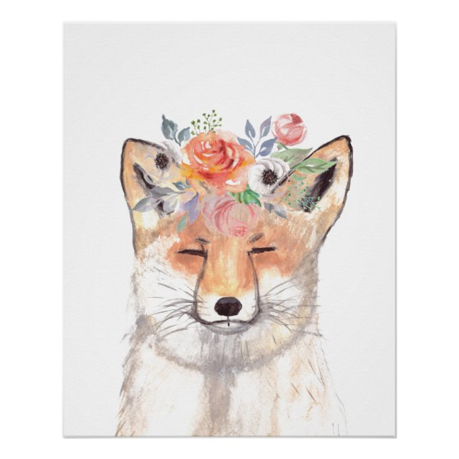 Pôster Fox aquarela Laranja Floresta Marrom (Frente)