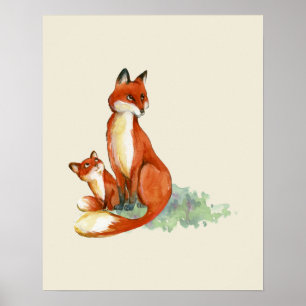 Poster Fox de Momma e ilustração da aguarela do bebê