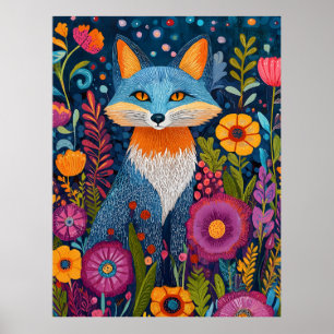 Poster Fox Dot Art Vibrante Em Meio À Flora Esbuvada
