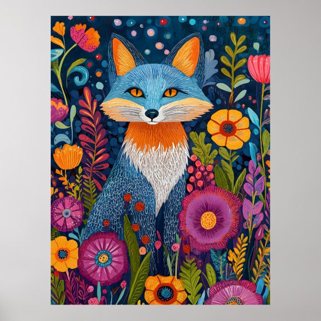 Poster Fox Dot Art Vibrante Em Meio À Flora Esbuvada (Frente)