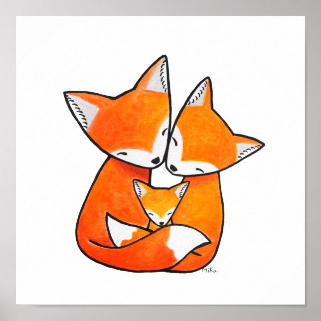 Poster Fox Family Nursery Art Pai Mãe Raposa Feliz (Frente)
