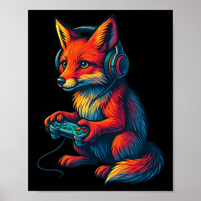 Poster Fox Gaming With Headphones Funny Video Games Gamer (Frente)