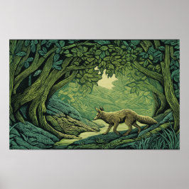 Poster Fox in a forest with woodcut textures