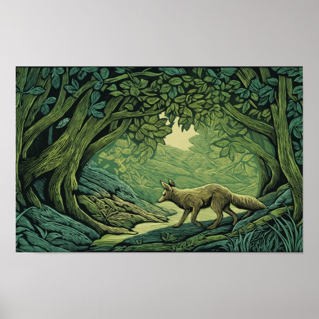 Poster Fox in a forest with woodcut textures (Frente)