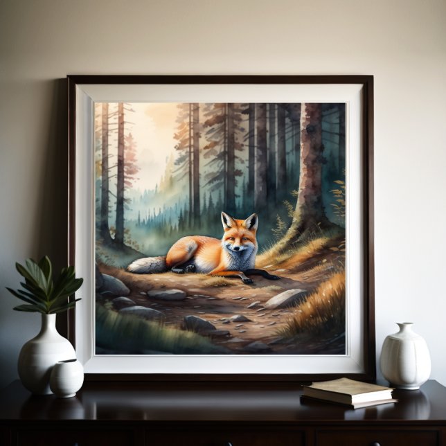 Poster Fox pintada por aquarela deitada na floresta 1:1 (Criador carregado)