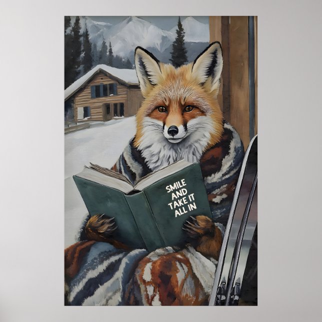 Poster Fox Reading Ski Art Print Motivational Winter (Frente)