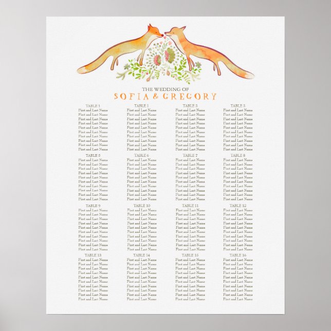 Poster Fox Rustic Woodland Weding Seating Chart (Frente)