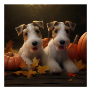 Pôster Fox Terrier Puppy Autumn Delight Pumpkin