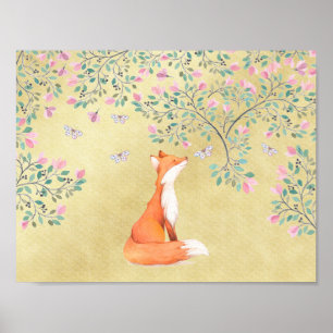 Pôster Fox with Butterflies and Pink Flowers