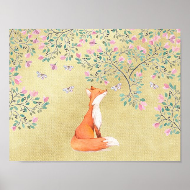 Pôster Fox with Butterflies and Pink Flowers (Frente)
