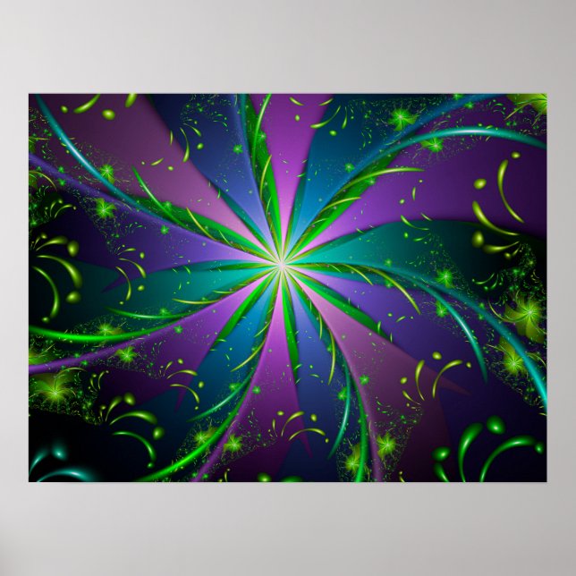 Poster Fractal Aquático Roxo e Verde (Frente)
