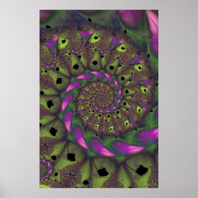 Poster Fractal com Formas Péticas Verde Roxo e Rosa (Frente)