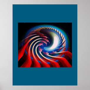 Poster Fractal de Fantasia Azul e Branco Vermelho