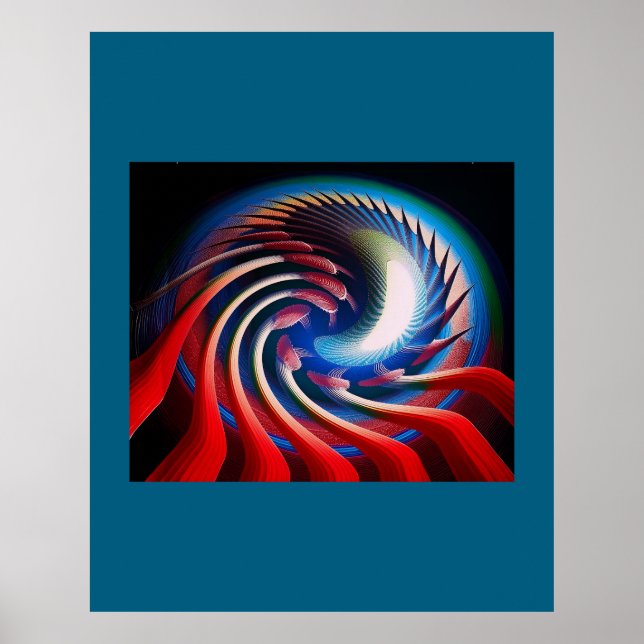 Poster Fractal de Fantasia Azul e Branco Vermelho (Frente)