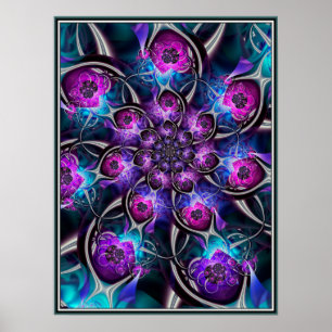 Poster Fractal de Flor Roxo e Azul