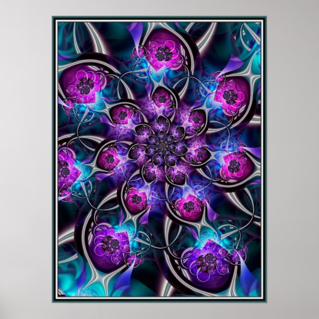 Poster Fractal de Flor Roxo e Azul (Frente)