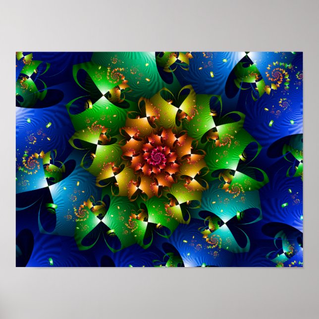 Poster Fractal Floral Estelar Azul Cósmico em Explosão de (Frente)