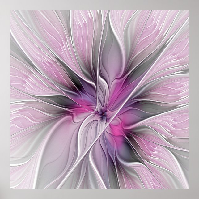 Poster Fractal Fractal Moderna Abstrato com Cinza Rosa Fl (Frente)