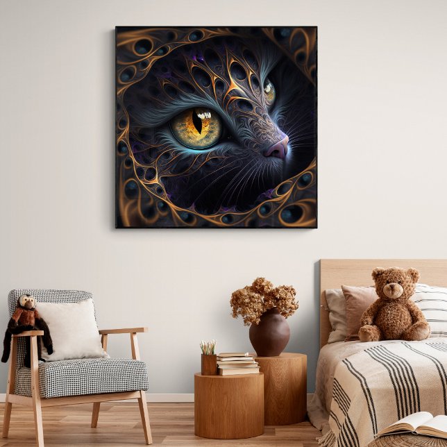 Poster Fractal Gato Rosto em Cores Pretas e Vibrantes (Criador carregado)