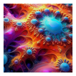 Pôster Fractal Psicodélico Azul Ouro e Roxo