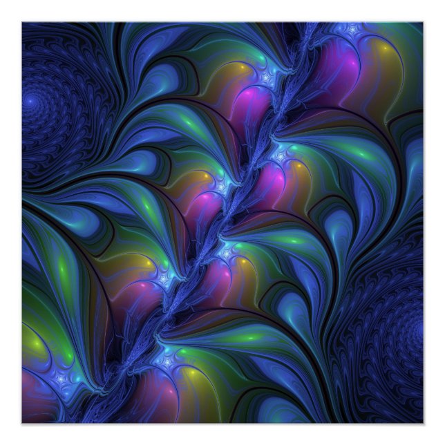 Pôster Fractal verde cor-de-rosa Abstrato azul-colorido (Frente)