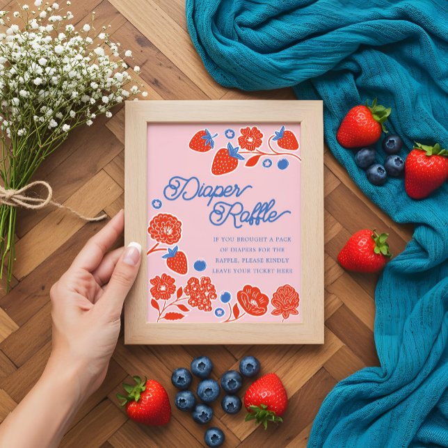 Poster Fralda chá de fraldas Raffle Berries & Flores (Baby Shower Diaper Raffle Berries & Flowers Poster)