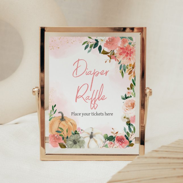 Poster Fralda de Abóbora Floral Raffle (Autumn Floral Pumpkin Baby Shower Diaper Raffle Sign)