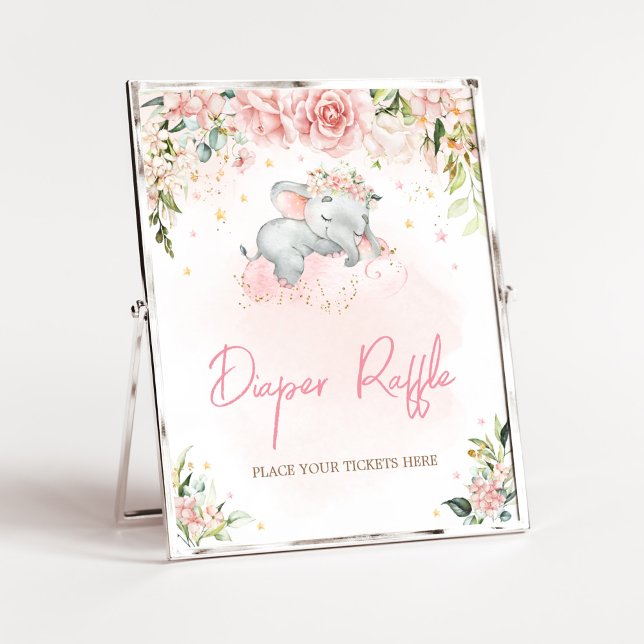 Poster Fralda de Elefante Floral Rosa Raffle (Pink Floral Sleeping Elephant Baby Shower Diaper Raffle Sign)