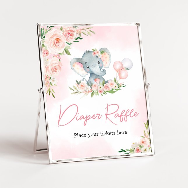 Poster Fralda do Balão de Elefante Floral Rosa Raffle (Floral Balloon Elephant Baby Shower Diaper Raffle Sign)